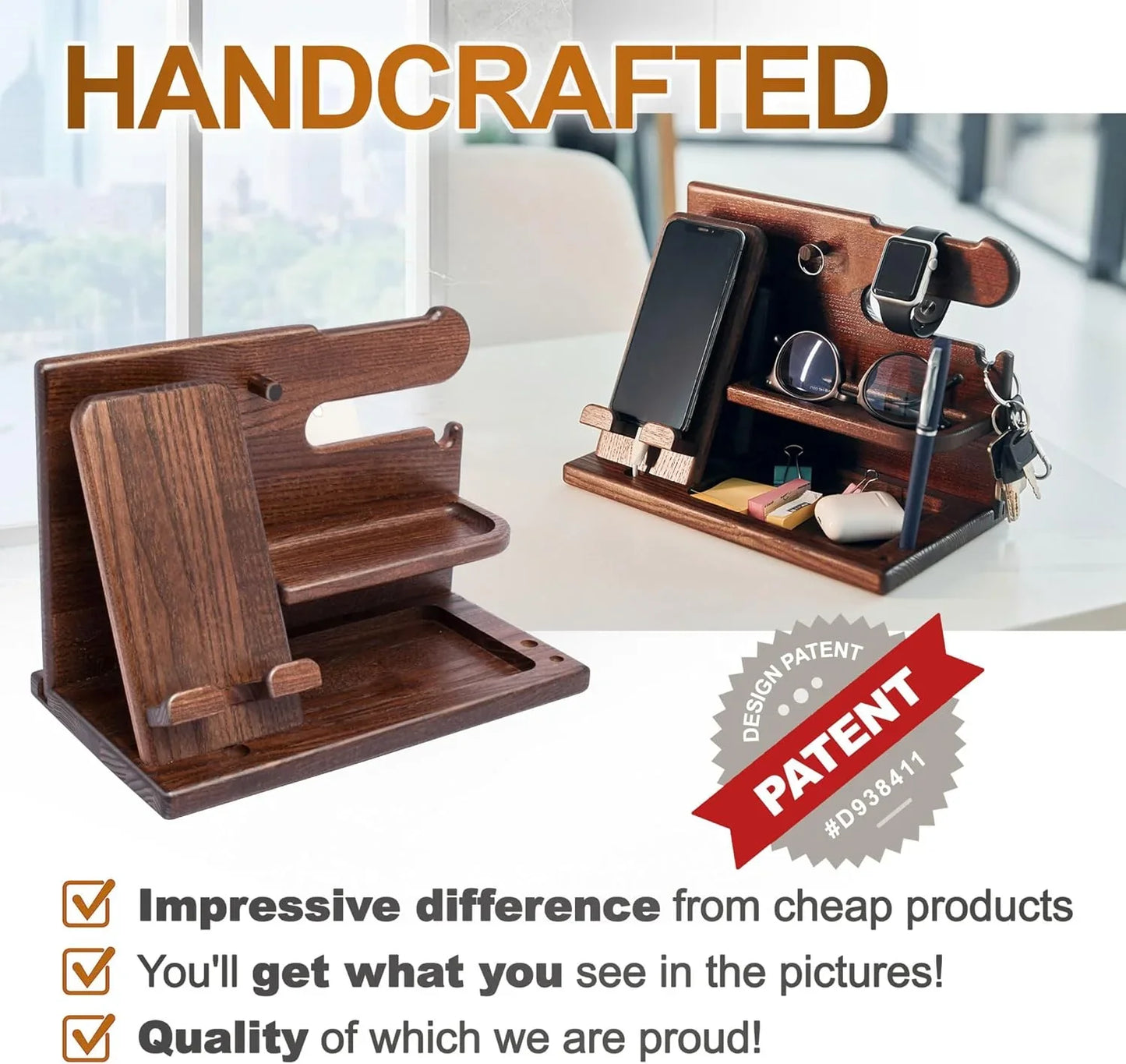 Wood Desk Organizer For Key Holder, Stand Wallet, Watch & Essentials