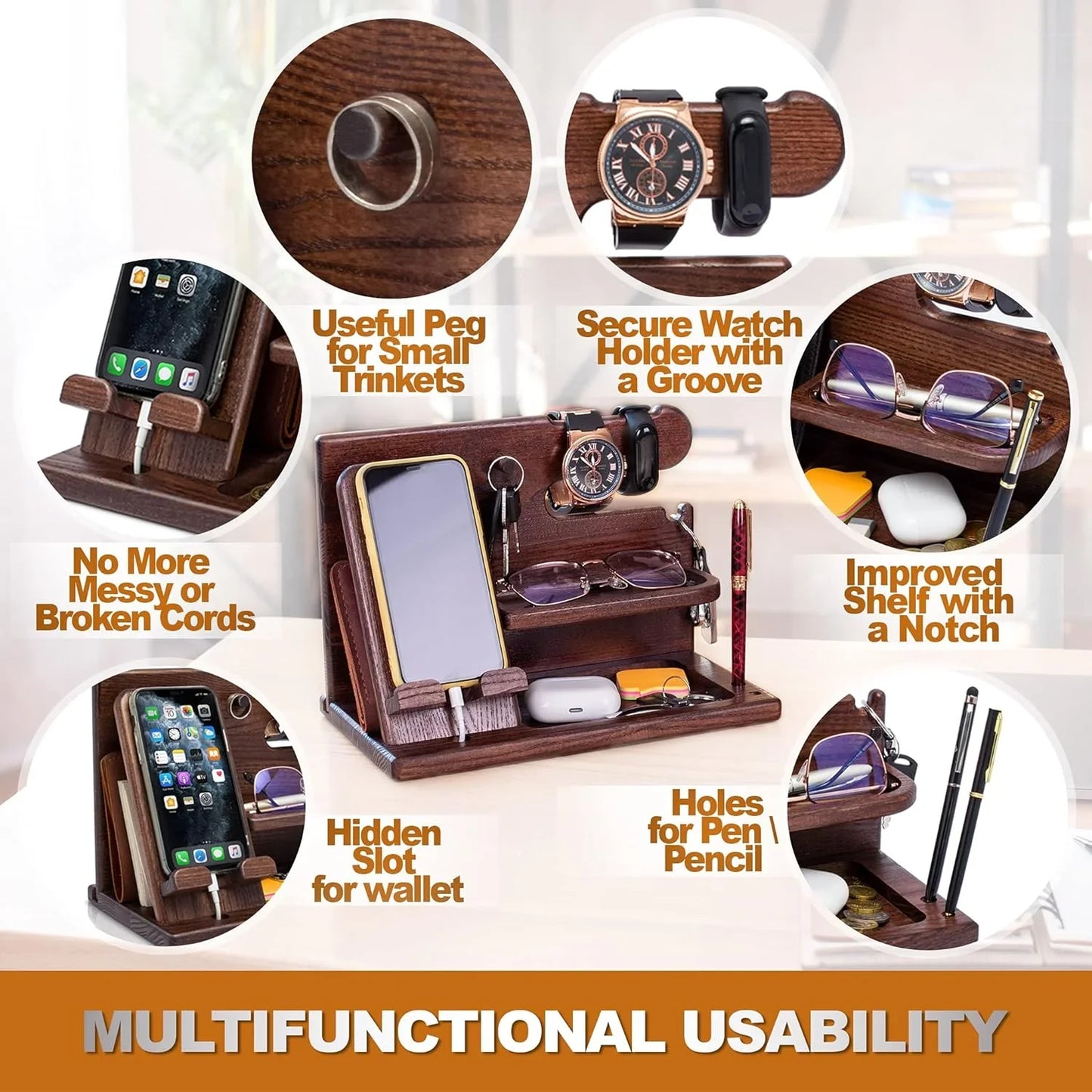 Wood Desk Organizer For Key Holder, Stand Wallet, Watch & Essentials