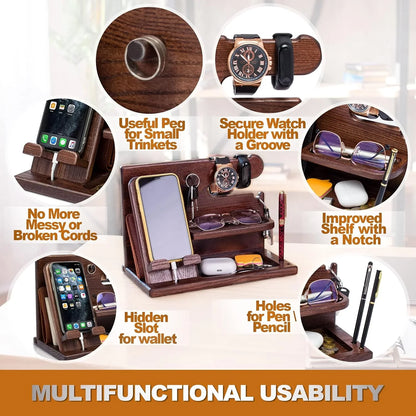 Wood Desk Organizer For Key Holder, Stand Wallet, Watch & Essentials